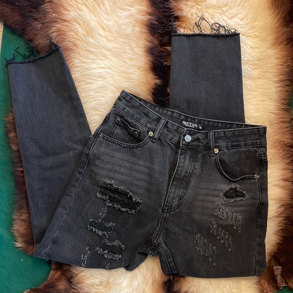 Nasty Gal Hi Rise Black Distressed‎ Ripped Jeans